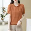 Camiseta com Capuz de Manga Curta Feminina Lyocell Tencel Top Verão 2026 Novo Fino Malha Ice Silk Capuz
