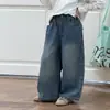 Pantalones Casuales Versátiles Aimo Beibei para Niños y Niñas, Estilo Coreano Casual, Parche Trasero, Jeans de Pierna Ancha Desgastados, Modernos