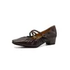 Zapatos Mary Jane Tejidos de Piel de Oveja Arrugada con Tira Cruzada 2026 Otoño Tacón Grueso Tacón Medio Punta Cuadrada Piel Genuina Zapatos de Oficina para Mujer