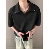 Camisa polo jacquard retro texturizado de manga corta para hombre y mujer, top casual de verano 2026 con cuello camisero de solapa, manga media, negro