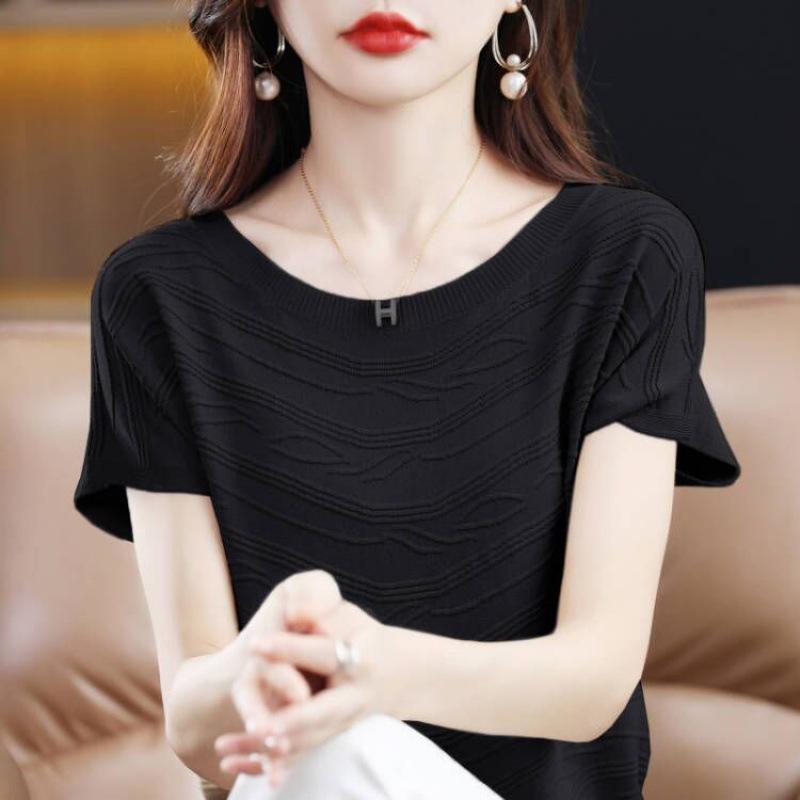 圆领天丝短袖T恤女针织百搭夏季新款曲珠冰丝打底体恤上衣女薄款
