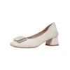 Zapatos de tacón alto de cuero genuino de una sola capa para mujer nuevos punta cuadrada francesa tacón grueso pedrería boca baja cuero suave zapatos de trabajo para ir al trabajo zapatos de abuela a la moda