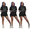 D9240 Amazon Más Vendido Moda Casual Europea y Americana para Mujer Color Sólido Estampado de Estrella y Letra Manga Corta Conjunto de Dos Piezas