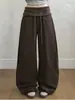 Pantalones Largos Casuales de Mezclilla Holgados de Pierna Ancha con Cordón, Plisados, Parche, Cintura Alta, Color Blanco, Negro, Caqui, Café