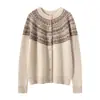 Novo Suéter Cardigan de Cashmere com Gola Redonda Feminino Outono/Inverno 2026 Malha Base Jacquard Fair Isle Creme Solto