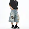 Shorts Jeans Retrô Americano Lavado Desgastado Rasgado para Homens e Mulheres Verão Moderno Solto Pernas Largas Casual Calças Cropped Modernas