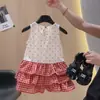 Vestido de Pasteles de Verano para Niñas sin Mangas de Lunares con Lazo, Vestido de Princesa a Cuadros con Volantes en Capas para Niñas