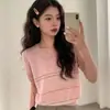 2026 Novo Estilo Camiseta de Tricô de Manga Curta com Listras e Gola para Mulheres Verão Fina de Seda de Gelo Camisa de Tricô Blusa Solta Feminina