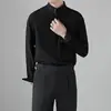 Nueva camisa casual de manga larga para hombre estilo chino maduro, corte slim, libre de arrugas, cuello mao, camisa verde oscuro con un aspecto atractivo y fluido, camisa estilo traje