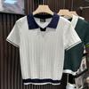 Camisa Polo com Gola de Seda Gelada Masculina Tricô de Cor Contrastante Masculina Jovem Elegante Manga Curta Verão Nova Moda Masculina