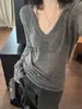 Camiseta de punto de manga larga ajustada con cuello en V estilo francés para mujer 2026 Otoño Nuevo Top Gris A14004 Suéter de punto