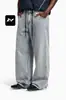 Calça jeans flare estilo americano Fengmei, unissex, lavagem vintage, desgastada, corte solto, perna reta, calça casual com cordão