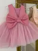 Vestido de Primer Cumpleaños para Niña Malla Lazo Grande Dulce Lindo Hecho a Mano Bordado Vestido de Princesa para Niña Venta al por Mayor Transfronteriza