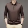 Nueva camisa polo de seda de morera sin costuras para hombre de otoño, manga larga suelta para hombres de mediana edad, camisa casual de negocios para hombre