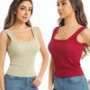 Camiseta sin mangas de estilo europeo y americano con hombros anchos, cuello cuadrado y almohadillas en el pecho, Camiseta sin mangas versátil para usar como prenda exterior, Camiseta sin mangas acanalada de talla grande para mujer