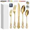 Amazon Transfronterizo Corte Imperial Acero Inoxidable Cubiertos Grabado Chapado en Oro Cuchillo Tenedor Cuchara Juego Cuchara Tenedor Retro Vajilla de Mesa Occidental