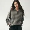 Suéter de tricô confortável estilo retrô, gola polo listrada, de manga longa, em mistura de lã de caxemira, top de tricô de manga longa com caimento solto