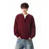 Suéter Masculino Gola Henley Meio Botão Patchwork Falso Duas Peças Solto Ombro Caído Outono Inverno Quente Tricô Pulôver Top