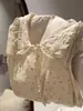 Nova Chegada de Outono! Desenho Fofo 100% Algodão Musseline Dupla Gola de Renda Manga Longa Calça Longa Conjunto para Casa Pode Ser Usado ao Ar Livre