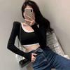 Top Corto de Cuello en U Grande para Mujer, de Cintura Alta, Nuevo 2026 Verano y Otoño, Manga Larga, Ajustado, Sexy, Crop Top, Estilo Coreano, Camiseta Básica, de Moda