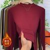 Camiseta Básica Cepillada Engrosada con Cuello Alto Pequeño para Mujer en Primavera, Otoño e Invierno con Terciopelo y Engrosamiento Nuevo Top Cálido 2025 para Mujer