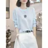 Camiseta simple de cuello redondo y manga larga estilo coreano para mujer, nuevo top casual de otoño estilo perezoso, ajuste ceñido, algodón con copo de nieve