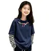 Camiseta de manga larga de algodón puro para niña, look de dos piezas para primavera y otoño, cuello redondo, camiseta básica elegante, top a rayas de moda versátil estilo coreano