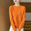 Camisa básica de tricô 100% lã, sem costura, peça única, com sete agulhas, ombro raglã e gola redonda, suéter grosso para mulheres