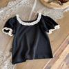 Punto de Verano para Niñas Camiseta Dulce con Cuello de Encaje Corte Calado Manga Corta Abullonada Estilo K