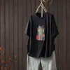 Camiseta Retrô Nova de Verão com Estampa de Gato para Mulheres, Caimento Solto com Mangas Caídas, Top Casual Versátil Fino Respirável Rejuvenescedor
