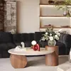Mesa de Centro Redonda de Madeira Maciça Designer em Pedra Travertino de Luxo Leve para Varanda de Casa, Apartamento Pequeno, Sala de Estar e Casa de Hóspedes