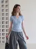 Moda estilo coreano slim fit outono novo design botão de concha slim fit malha top de manga curta para mulheres