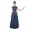 Vestido sem mangas com lantejoulas estreladas, gola redonda, cintura de renda, saia ampla tipo guarda-chuva, elegante vestido longo para apresentações de festa anual