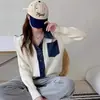 Estilo Coreano Outono e Inverno Novo Design Jeans Costurado Gola Polo Cardigan de Tricô Retrô Suéter de Estilo Relaxado Casaco Feminino