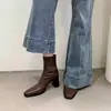 Botas Curtas de Salto Alto Chunky com Bico Quadrado, Zíper Lateral, Novidade Outono 2025 de Dongdaemun, Coreia, para Mulheres, Botas Estilo Martin Slim