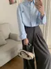 Camisa Azul Bordada de Ponis Estilo Francés para Mujer Manga Larga Estilo Coreano Diseño Holgado de Nicho