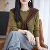Nuevo Top de Manga Larga de Lana Fina con Cuello Redondo y Rayas Bloque de Color para Otoño/Invierno 2026