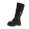Versão em couro macio ~ estilo retrô, com sola grossa, botas longas para mulheres, design novo com fivela de cinto, botas estilo Western, bico redondo, salto grosso, botas altas