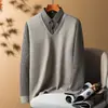 Nova Camisa Falsa de Duas Peças Outono e Inverno Masculina Quente Tudo-em-Um Veludo Espessado Tricô para Meia-Idade e Idosos Tricô