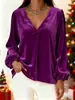 Otoño/Invierno 2026 Tienda Independiente Transfronteriza Más Vendido Terciopelo Cuello en V Elegante Lujo Ligero Manga de Linterna Camiseta Top para Mujer