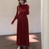 Vestido de Punto de Cuello Alto Medio Estilo Coreano para Mujer 2025 Otoño e Invierno Nuevo Color Puro Empalme Moda Cintura Falda Base