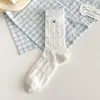 Calcetines de Media Pantorrilla con Lazo para Mujer Verano Finos Blancos Accesorios JK Lolita Etiqueta de Tela Encaje Zapatos Pequeños de Cuero Calcetines de Algodón Apilados