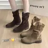 Botas de vaquero western de gamuza retro simples para mujer, colección otoño 2026, tacón grueso, botas apiladas plisadas, botas de montar de tacón medio, botines