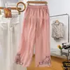 Pantalones de Pierna Ancha de Algodón y Lino de Verano para Mamá Mujer 2024 Nuevos Pantalones de Algodón y Lino de Verano para Mujer Nuevo Estilo Chino Pantalones Verdes Bordados Finos
