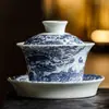 Cena do Rio Qingming Tigela Coberta de Três Talentos em Forma de Cavalo Porcelana Doméstica Retrô Conjunto de Chá Kung Fu Tigela de Chá Tigela de Oferta de Chá de Alta Qualidade Chinesa