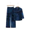 Conjunto de Seda Verão Novo Estilo para Mãe Cheongsam Retrô Camisa Estampa de Nuvem Fragrante Tamanho Grande Calças Wide-Leg Rejuvenescedoras Conjunto de Duas Peças