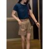 22551 Damei Ai Yuan 2025 Verão Novo Cor Sólida Manga Curta Camiseta Shorts Cintura Alta Moda Simples Mulheres