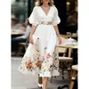 Amazon Moda Casual Verão Estilo Europeu Elegante Temperamento Floral Vestido Longo Decote V Manga Sino Feminino