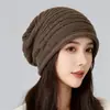 Chapéu de Tricô Liso e Listrado Novo para Primavera e Outono Feminino, Touca de Lã Elegante para Cabeça Grande, Chapéu Slouchy Pós-Parto