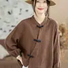 Top de manga larga retro literario de doble capa, estilo étnico moderno, nueva moda china, camisa casual con tapeta oblicua y botón de rana para mujer